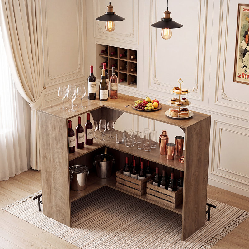 Table de bar en L 47,2 po, unité de coin avec tablettes de rangement et repose-pieds en métal