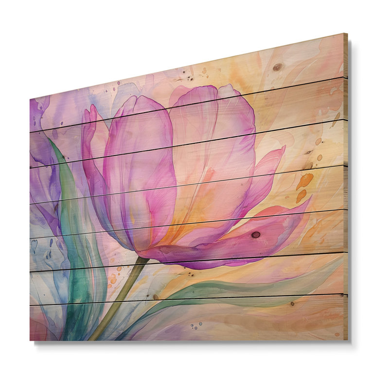 Fleur d'été de tulipe mauve IV - Art mural traditionnel sur bois de pin naturel, H 24 po x l 32 po x P 0,78 po