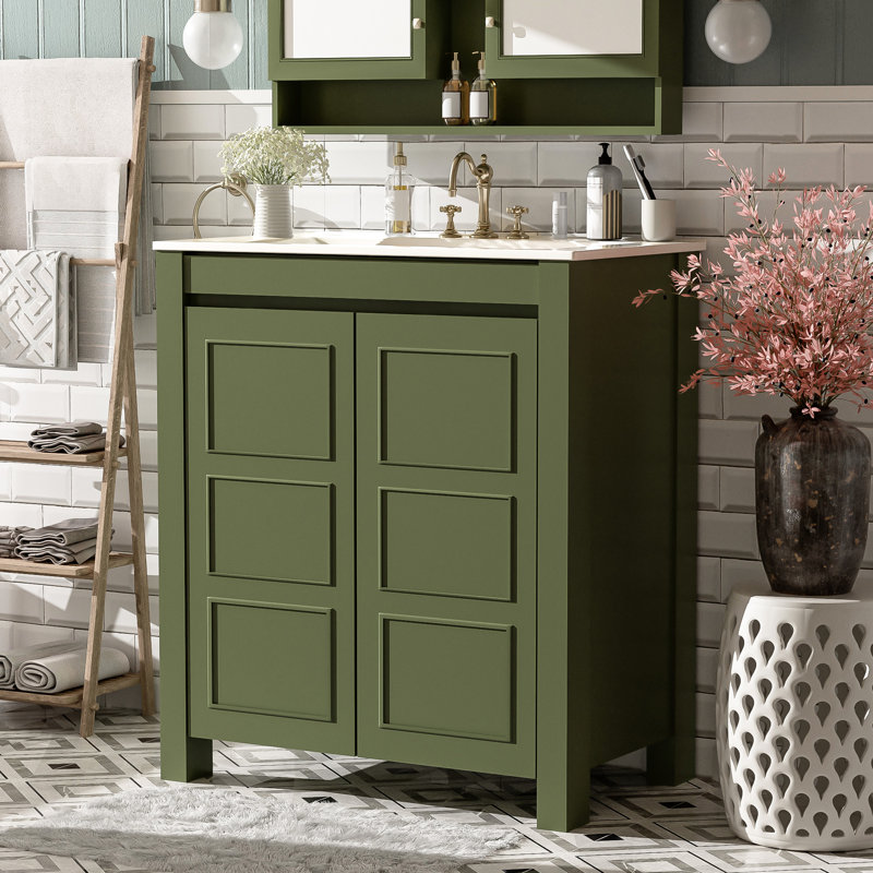 Meuble-lavabo de 30 po de couleur olive avec lavabo en céramique, portes à fermeture en douceur et conception spacieuse de 30 po avec rangement