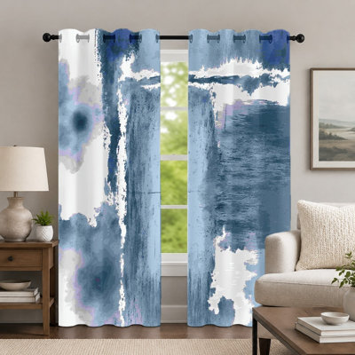 2Pcs Blue Abstract Watercolor Curtains, Artistic Ink Wash Style Window Drapes, Contemporary Brushed Texture Grommet Panels, Decorative Hanging Drapes for Bedroom Living Room Decor