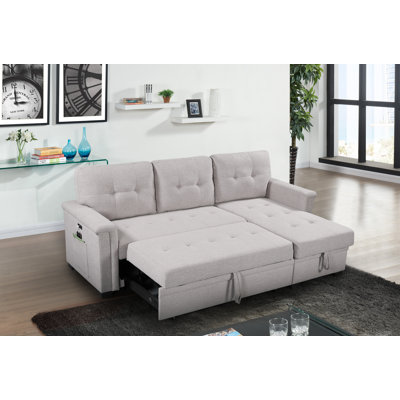 Ashlyn Eduarte Sleeper Sectional Sofa with Reversible Storage Chaise Linen 84 Inches