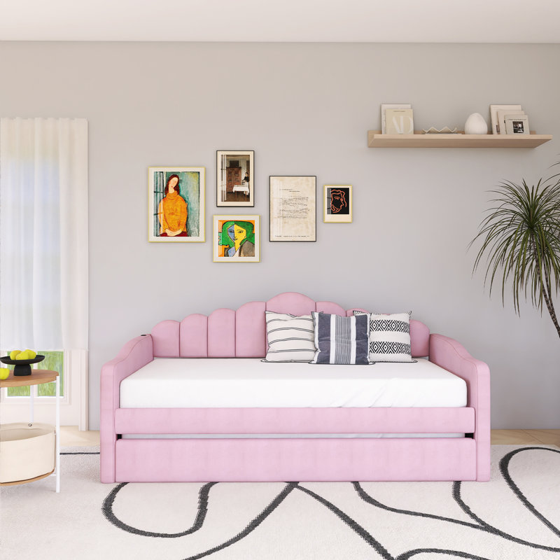 Twin Size Upholstered Daybed With Trundle ,Velvet Sofabed With USB Charging Ports, Pink