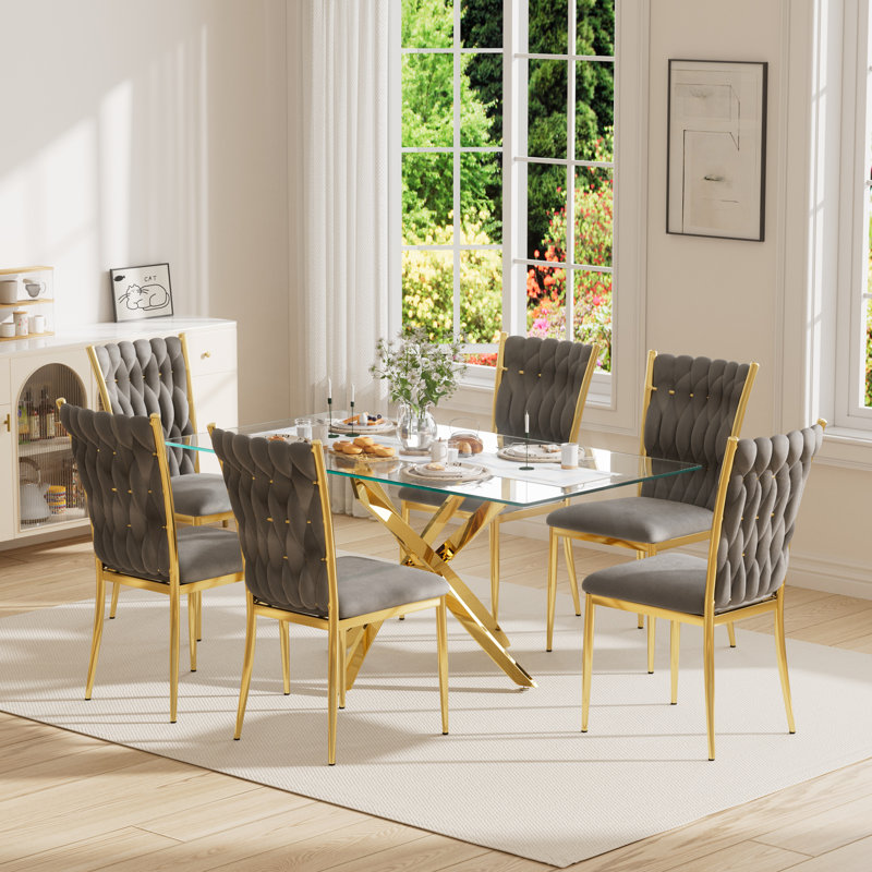 63" Rectangular Tempered Glass Table set, 7, Gray/Gold