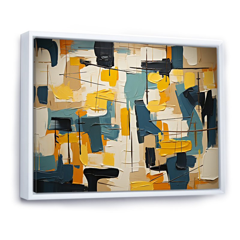 Expressionnisme abstrait carré - peinture abstraite murale, H 34 po x l 44 po x P 1,5 po, Cadre flottant blanc