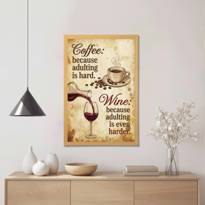 Coffee And Wine Humor Canvas Wrapped Wall Art Oil Painting Print With Vintage Style Background And Text For Kitchen Or Living Room Decor
