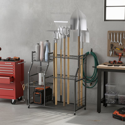 Support de rangement pour outils de jardin, rangement pour outils de garage, supports à outils de jardin avec roues verrouillables, convient aux outils / râteaux / balais à long manche
