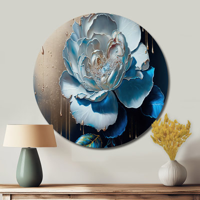 Fleur de camélia bleu éclatant II - art floral rond en métal