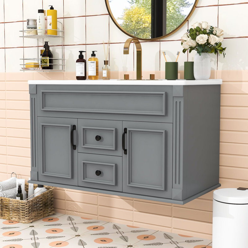 Meuble-lavabo flottant mural avec lavabo en céramique, portes et tiroirs à fermeture en douceur, Gray