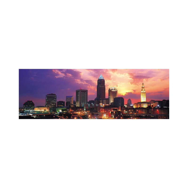 Cleveland Skyline Cityscape (Sunset) 1 Piece Wrapped Canvas Panoramic Wall Art, 30.48 cm H x 91.44 cm W x 3.175 cm D
