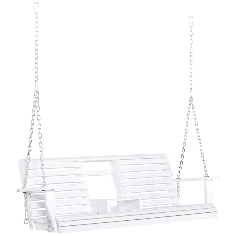 Balancelle de patio blanche avec table basse pliante blanche, porte-gobelets et capacité de charge de 440 lb, banc en bois et porche