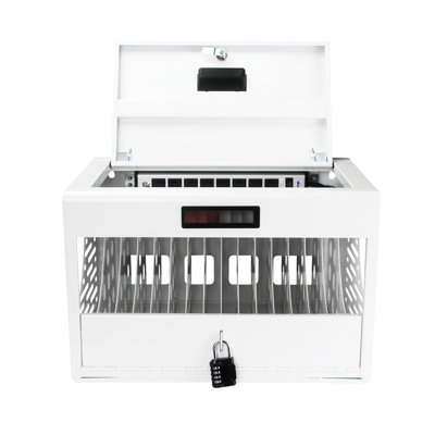 Station de charge verrouillable 16 - armoire blanche pour ordinateurs portables et tablettes, bureau, avec tablette pour ordinateur portable à dissipation de chaleur avancée 16, verrouillable, armoire, salle de classe, rangement pour cordon