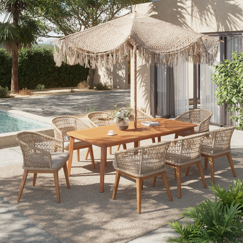 Ensemble repas d'extérieur en bois massif 8 personnes avec coussins, H 30,1 po x l 82,6 po x P 39,3 po, 8