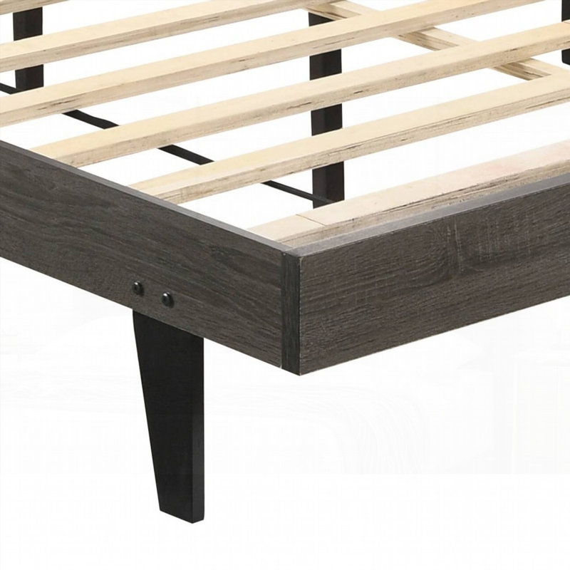 Grand lit tapissier brun et gris vieilli sans sommier, support solide