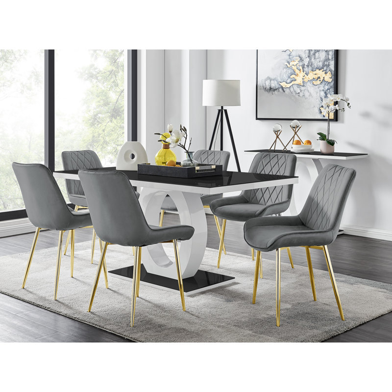 Eubanks Dining Set with 6 Chairs, Grey/Gold, Black/White