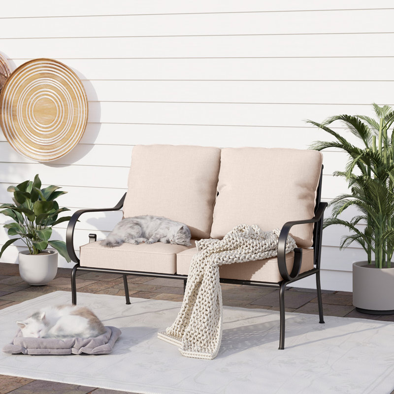 Asfand Outdoor Patio Loveseat with Cushions, Glossy Black