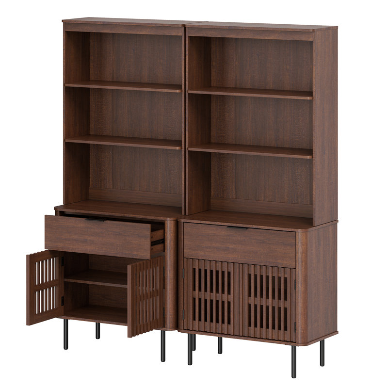 Grande bibliothèque de 72,8 pouces avec armoire de rangement, bibliothèque à 3 niveaux avec tiroir et tablette ajustable Feinberg, noyer