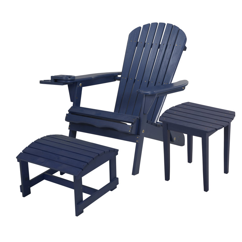 Valdese Pine Foldable Outdoor Adirondack Chair With Ottoman, Dark Blue