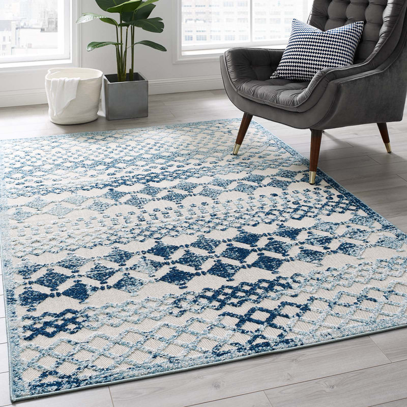 Ivory and Blue Distressed Moroccan Trellis 5'x8' Synthetic Area Rug