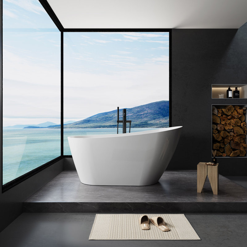 Baignoire de trempage autoportante contemporaine en acrylique de 55 po avec trop-plein et drain chromés