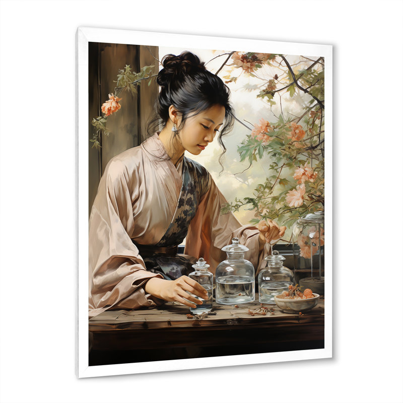 Cobbins Asian Art Harmony In Tea V, reproduction d'art sur toile, H 32 po x l 24 po x P 1 po, Cadre photo blanc