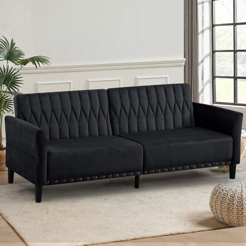 Wallasse 78'' Velvet Reclining Sleeper Sofa, Black