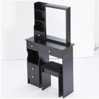 Petit meuble-lavabo de 29,2 po avec tiroir à gauche et tabouret rembourré, très grand miroir coulissant à droite, rangement multi-couches à grande capacité, commode pratique et pratique, convient aux petits espaces