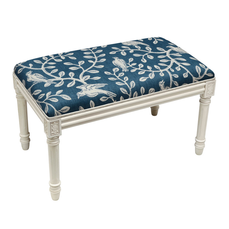 Banc en bois massif Cambel, Blanc antique / vignes bleu marine