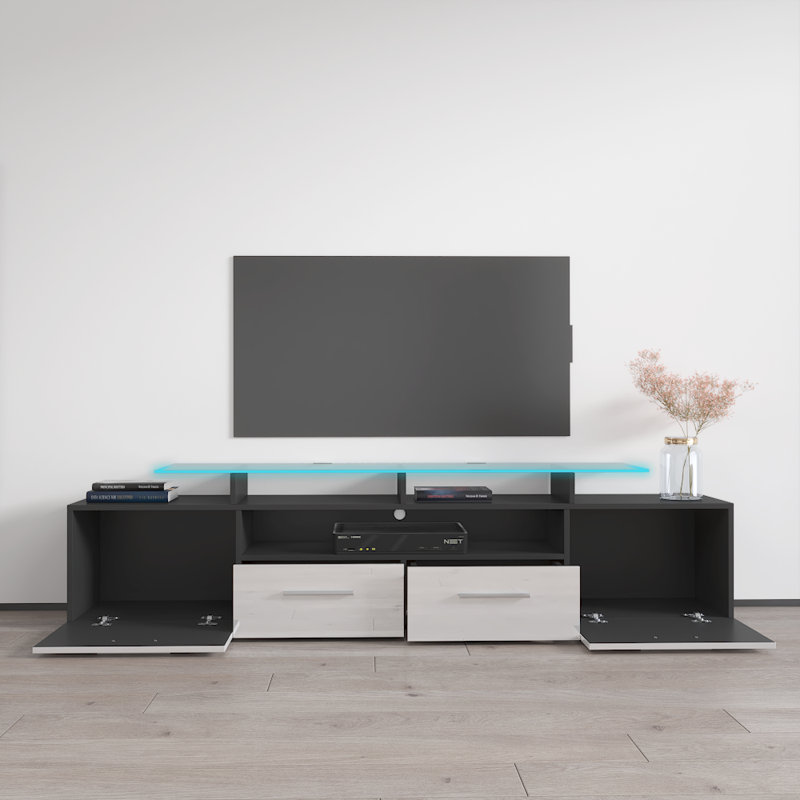 Aghancrossy 76.3" Modern TV Stand with LED Lighting, High Gloss Finish, Media Storage, Black/White