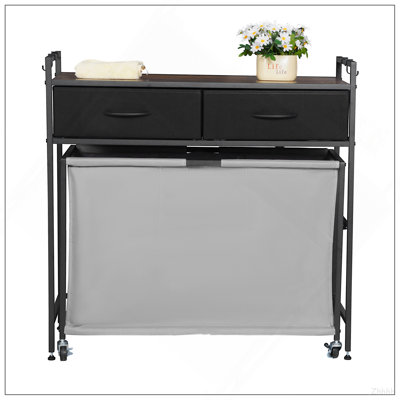 Trieur de linge à 3 sections, panier à linge roulant avec 2 tiroirs, crochets et roulettes, rangement pour panier à roulettes avec sacs à roulettes coulissants et plateau en bois pour les vêtements sales, salle de bain