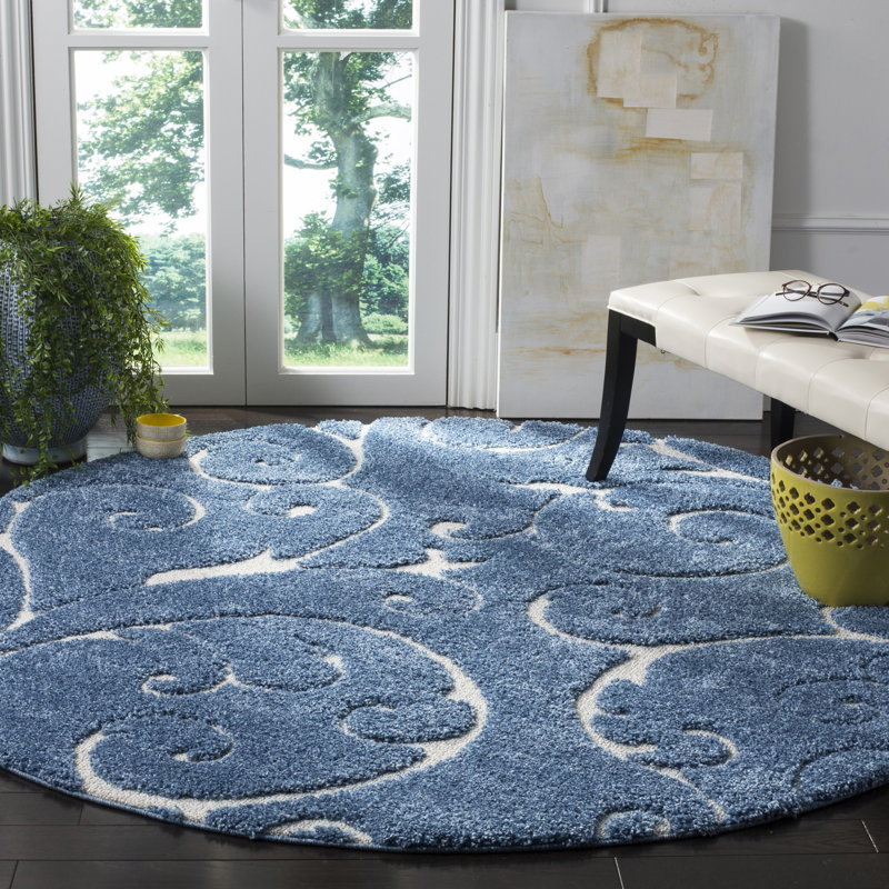 Amza Area Rug, Round 9', Light Blue/Cream