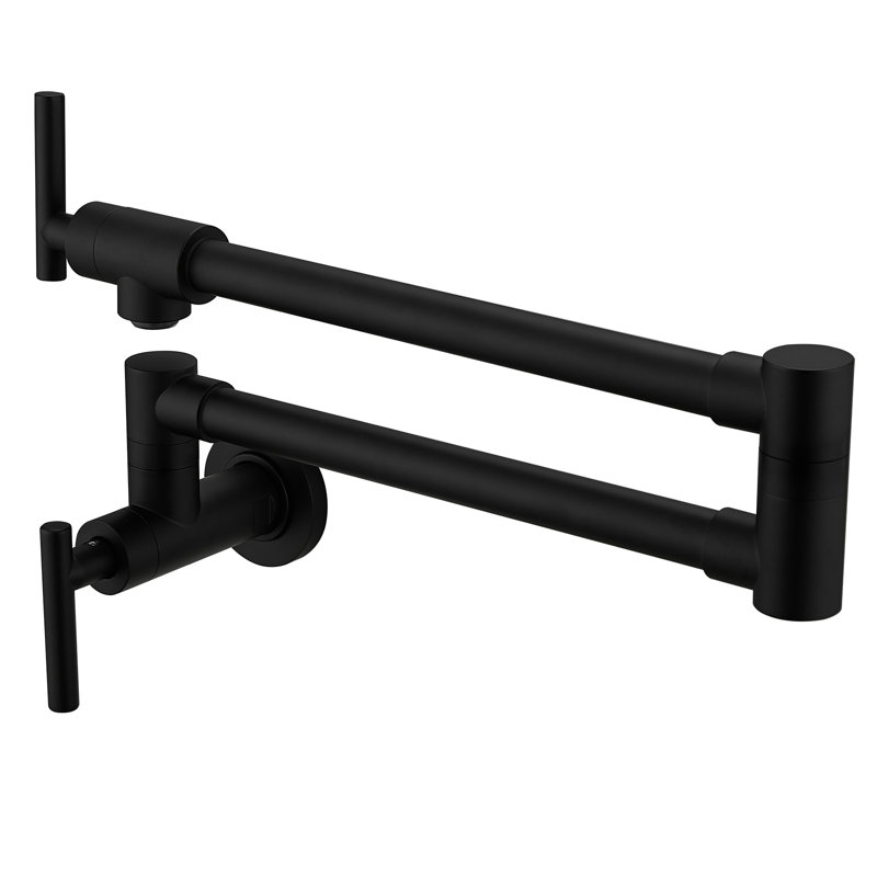 Wall Mount Pot Filler Faucet Double-Handle Folding Kitchen Restaurant Sink With Dual Joint Swing Arm Commercial, Matte Black