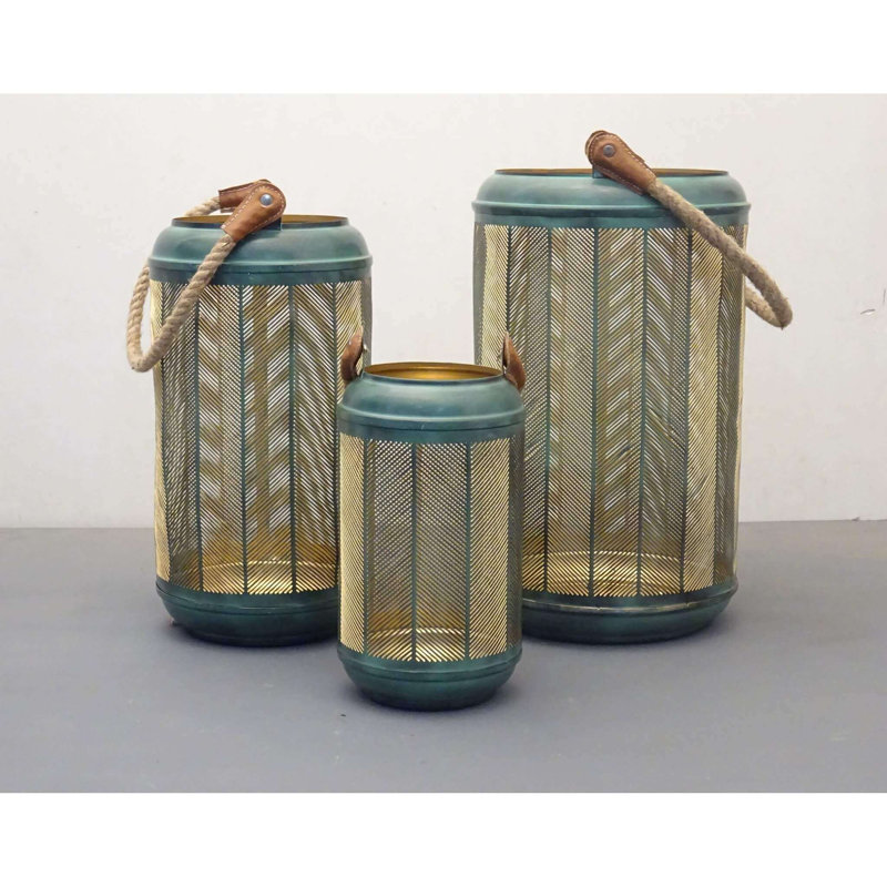 3 Piece Metal Wall Lantern Set, 25cm H x 20cm W x 20cm D, Green