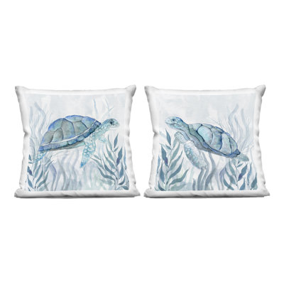 Subtle Smiling Sea Turtles 2 Piece Decorative Printed Throw Pillow Set, design by Janet Tava
