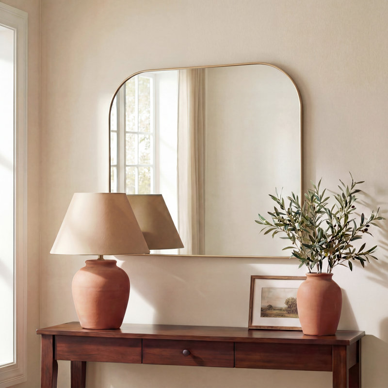 Aveline l 38 po x H 32 po. Grand comptoir de salle de bain mural et miroir en métal, Doré