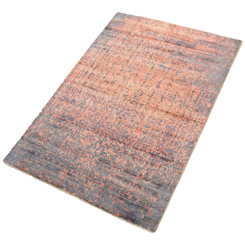 Tapis unique en viscose noué à la main bleu clair / rouge des années 2010 4 pi 11 po x 7 pi 4 po Janina