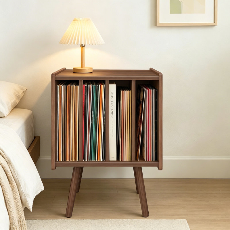 Record Player Stand Vinyl Record Storage Table with 4 Cabinet, Mid Century Modern Turntable Stand for Bedroom Living Room