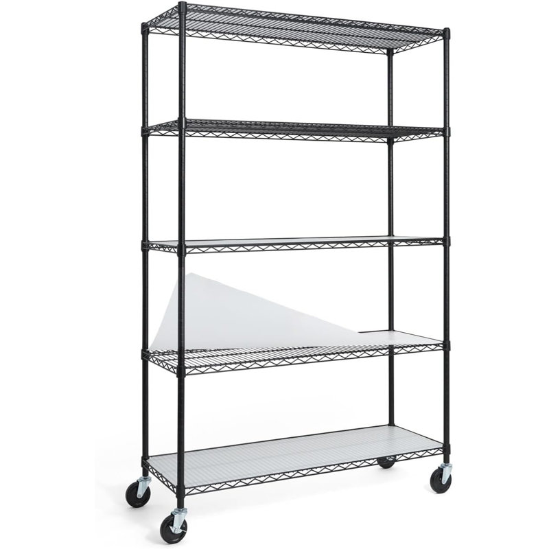 CAPHAUS NSF Commercial Grade Heavy Duty 5-Tier Wire Shelving w/Wheels, Levelling Feet & Liners, 48 x 18 x 76, Black