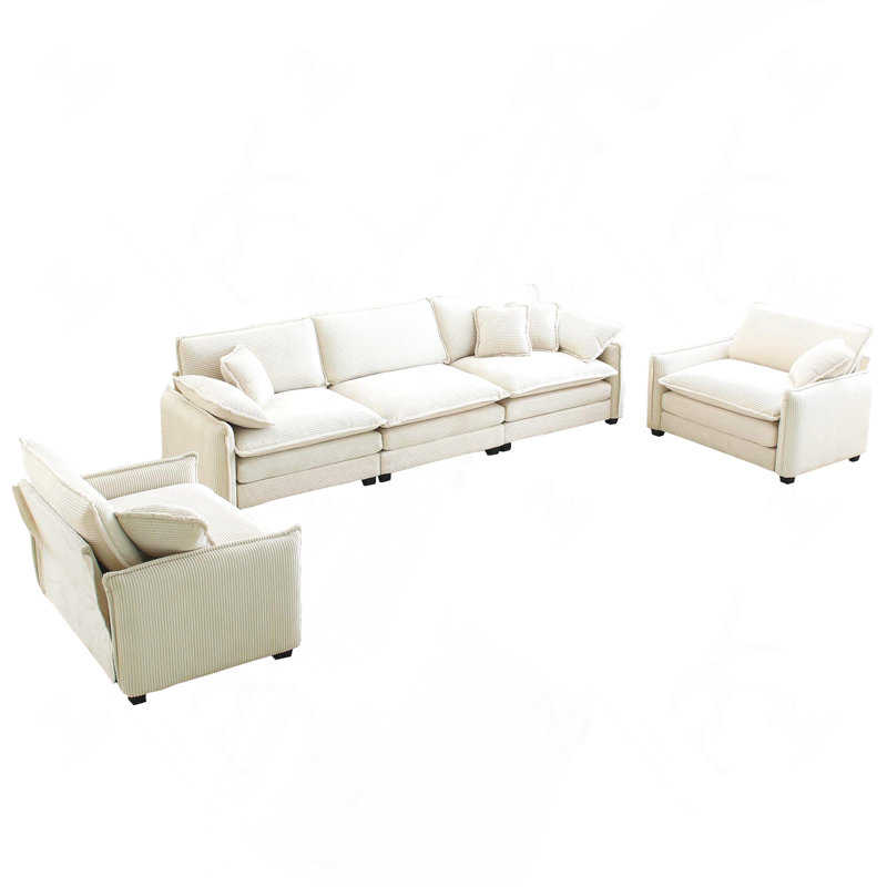 Ensemble de canapés en velours côtelé beige pour cinéma maison, comprenant un canapé 3 places et deux fauteuils d'appoint.