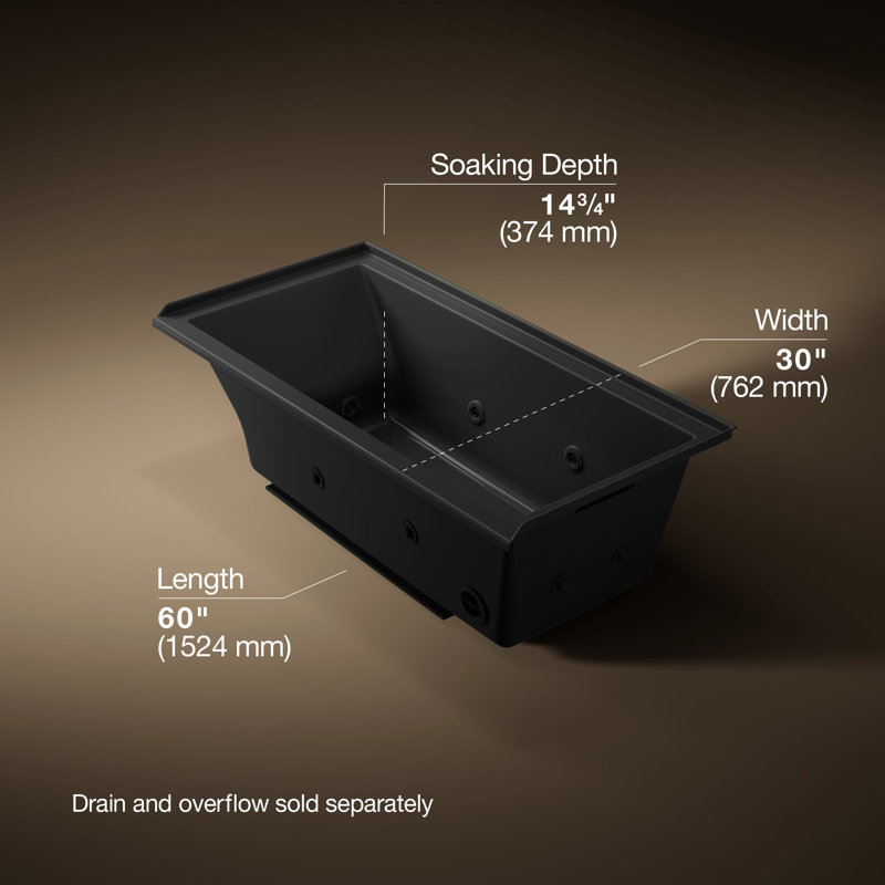 60" x 30" Drop In Whirlpool Acrylic Bathtub with Heater, Black, Right