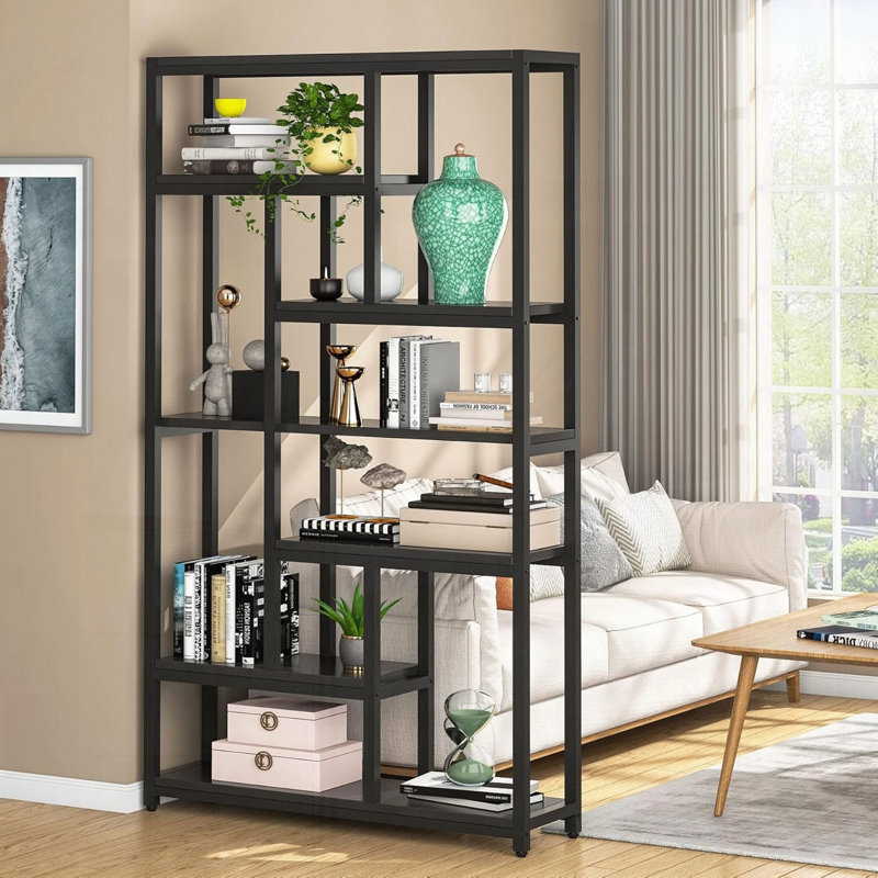 Seven-Tier Industrial Etagere Bookcase with Staggered Shelves, Black
