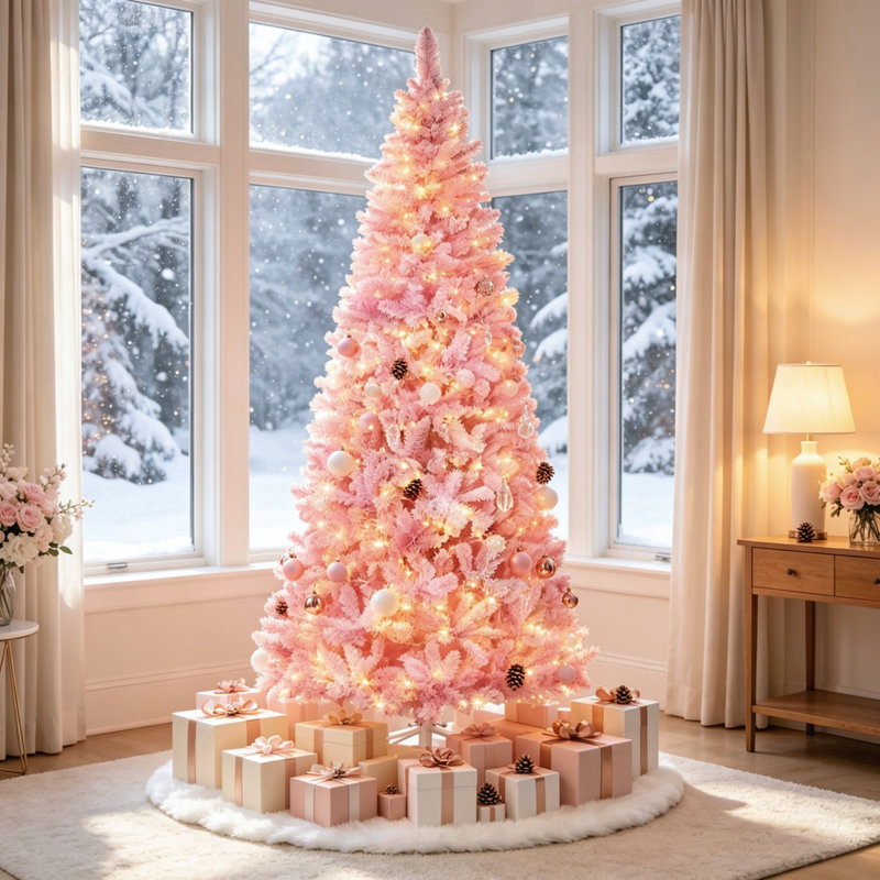 Sapin de Noël artificiel en pin crayon, préilluminé, 2,3 m (7,5 pi), floqué de neige, DEL blanc chaud, ouverture automatique, rose et blanc