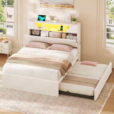 Upholstered Bed Frame with Trundle bed, Cotton Beige Velvet, Twin Size