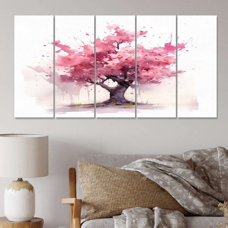 «Pink Blossoming Tree Watercolor Bliss I - Landscape Trees Wall Art Living Room» - 5 panneaux égaux