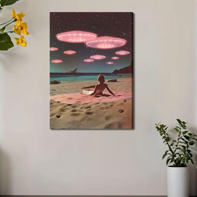 Ufo And Alien Encounter Canvas Wall Art Trippy Spaceship Beach Painting Picture Wall Decor Sci-Fi Themed Yacht Poster Print Artwork For Bedroom Living Bathroom Home Decoration 16X24 Inches