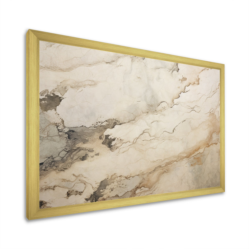 Beige et blanc, rivière de marbre - art mural abstrait en marbre, Cadre doré simple, H 34 po x l 44 po x P 1,5 po