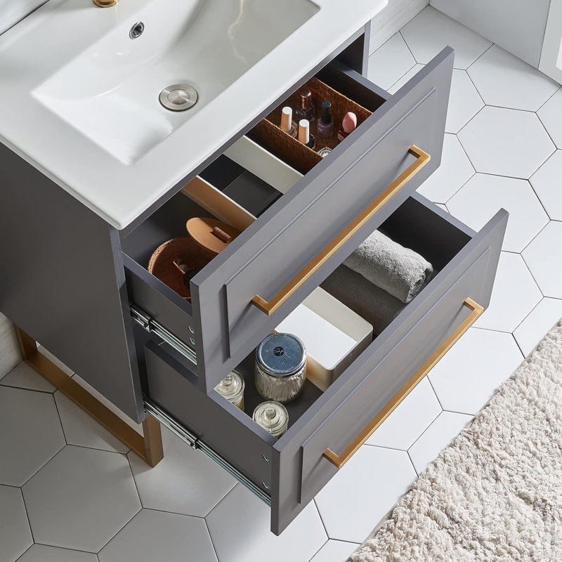 Meuble-lavabo simple 24 po à 2 tiroirs avec plateau en céramique 24 po