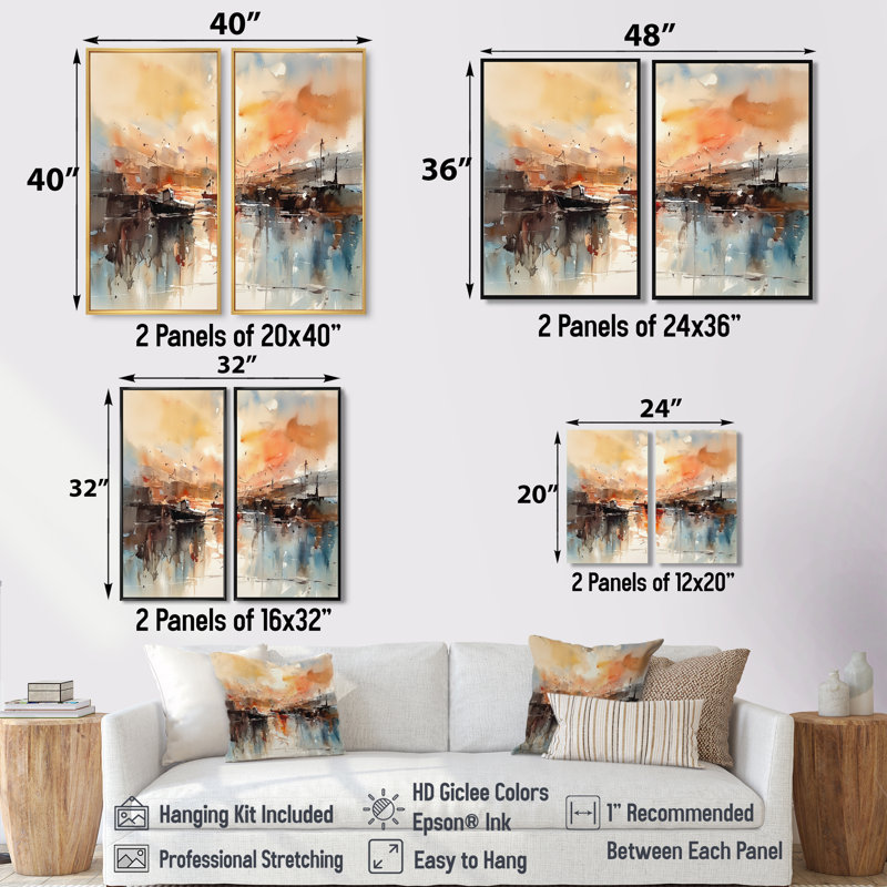 Orange et reflets de port brun - décoration murale traditionnelle orange 2 pièces, 36'' H x 48'' W, Black