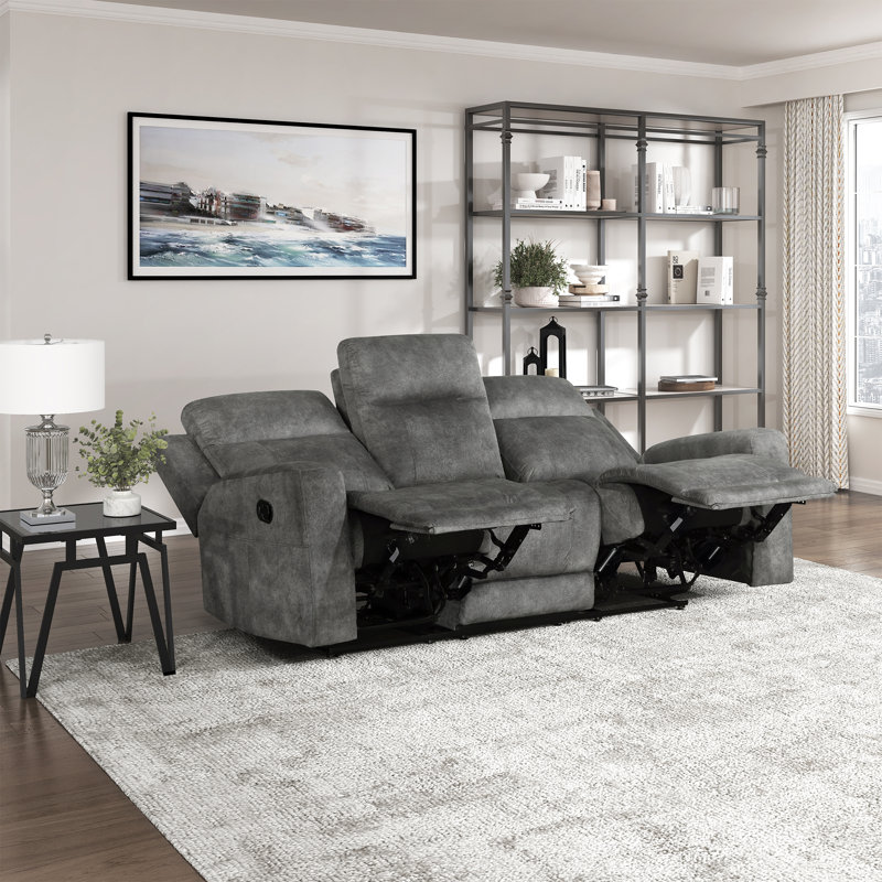  Leylashka 80'' Transitional Microfiber Manual Double Reclining Sofa with Supportive Foam over Pocket Coils, Dark Gray