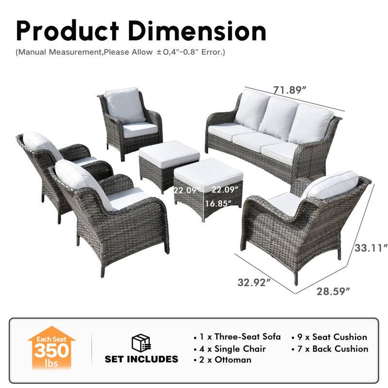 Wicker/Rattan 7 - Person Seating Group With Cushions, Gray Cushion/Gray Frame