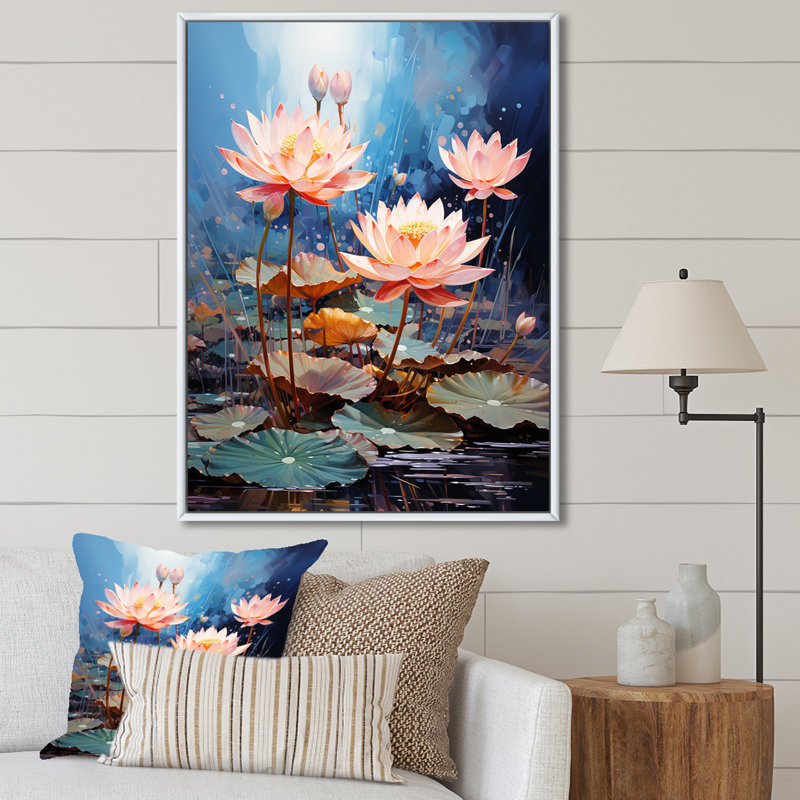 Fleurs de lotus étang harmonie sur toile, Cadre flottant blanc, H 32 po x l 16 po x P 1 po